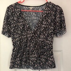 Black, white, pink floral ruched v neck blouse